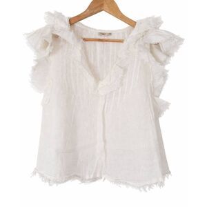 Faherty Womens Medium white shirt 100% linen frayed flutter sleeve milk maid top